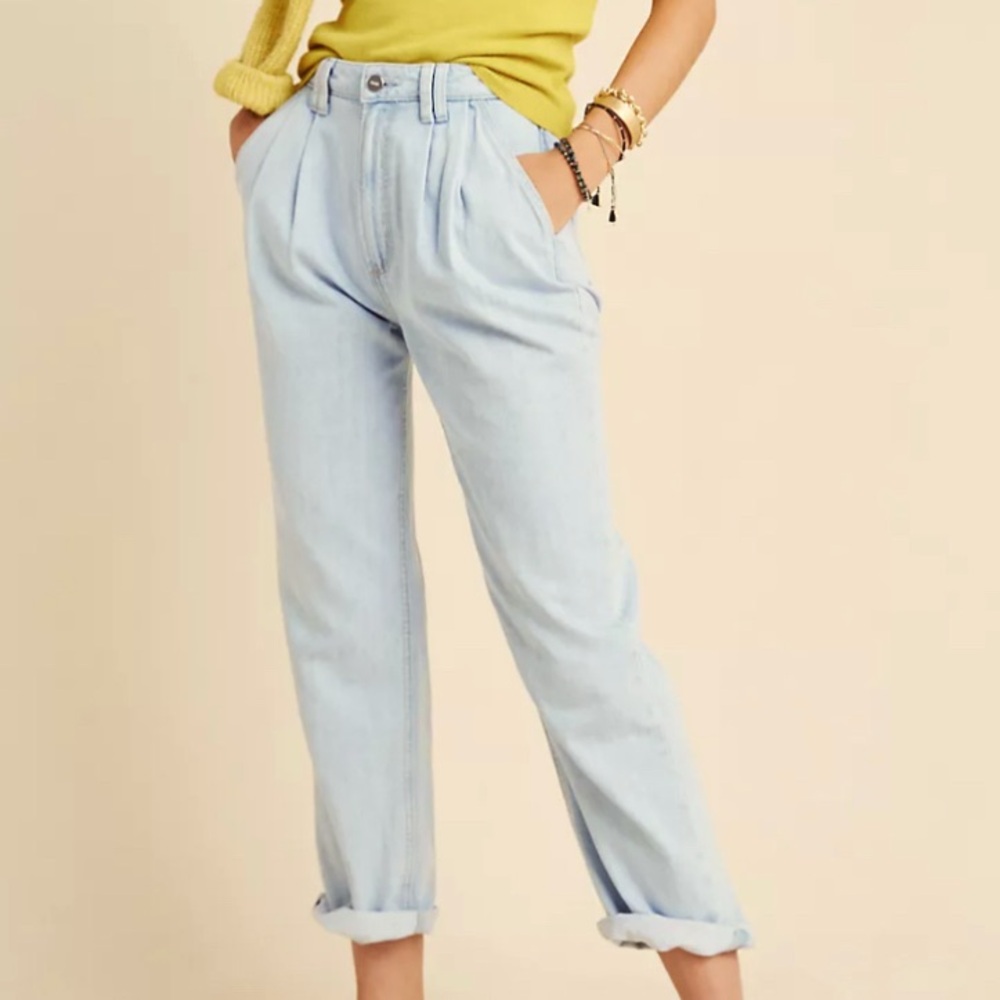 PAIGE Pleated High Rise Trouser Jeans Denim Pant Lightwash Cuff Tapered Leg 28